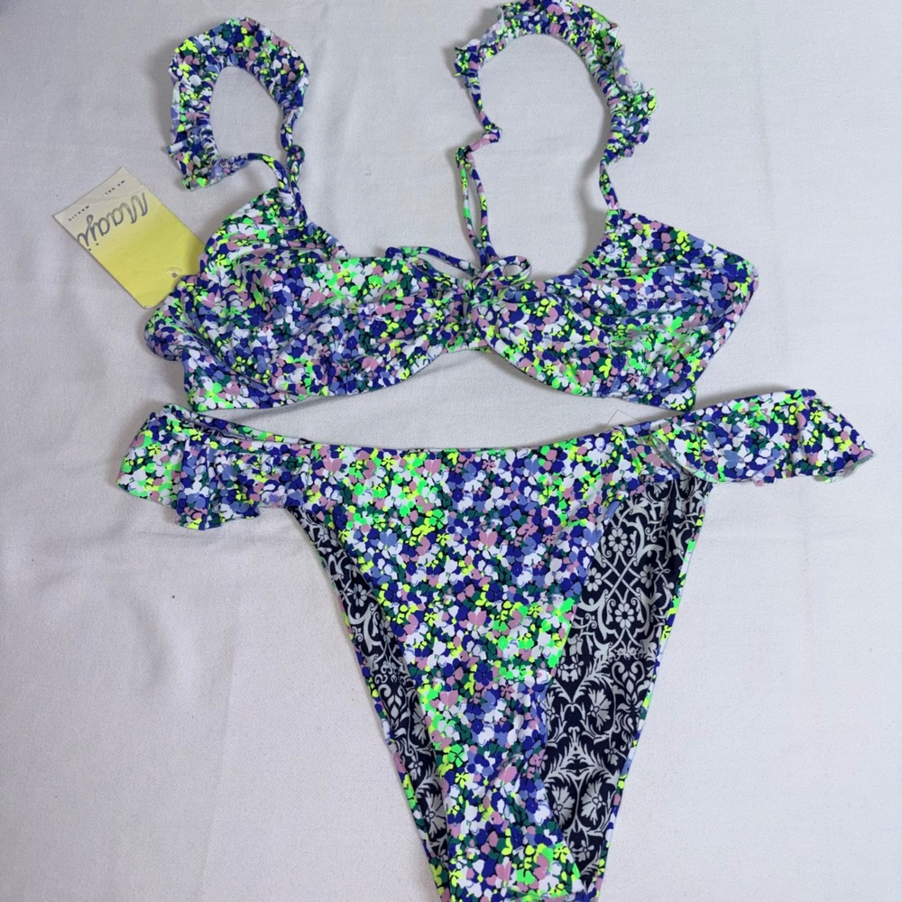 Maaji Reversible Bikini Set XL Multicolor Floral Ruffle New High Leg Swimwear